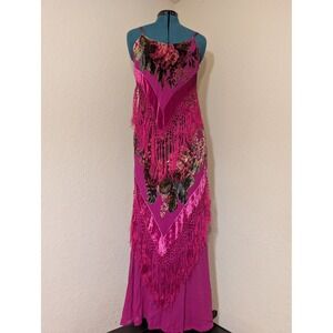 Aris A Fuschia Pink Silk Floral Burnout Velvet Fringe Maxi Dress Medium NWT